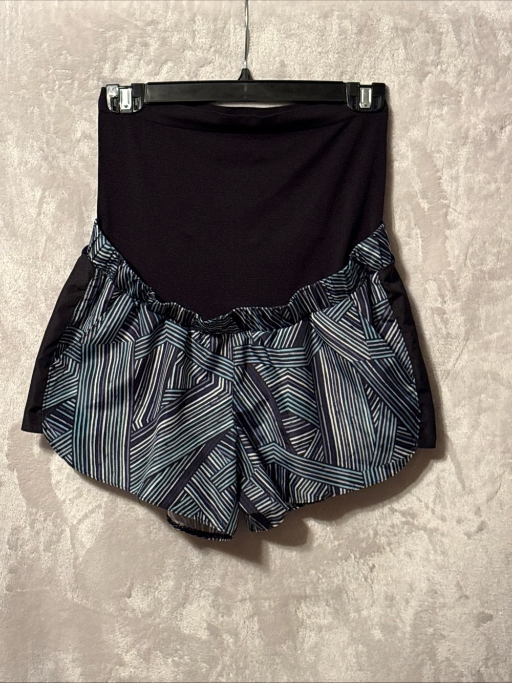 a:glow maternity Black Athletic Shorts with Blue and White Geo Stripe